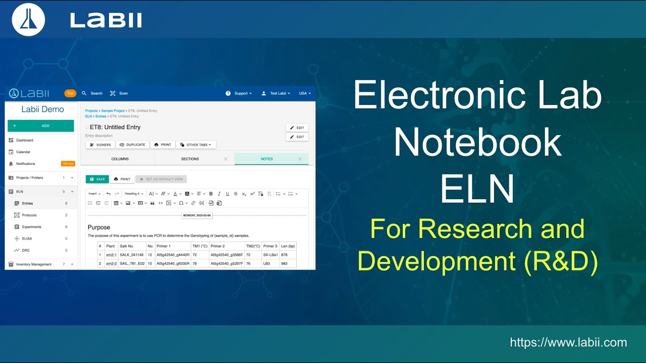 Labii demo: Electronic Lab Notebook (ELN) for Research and Development