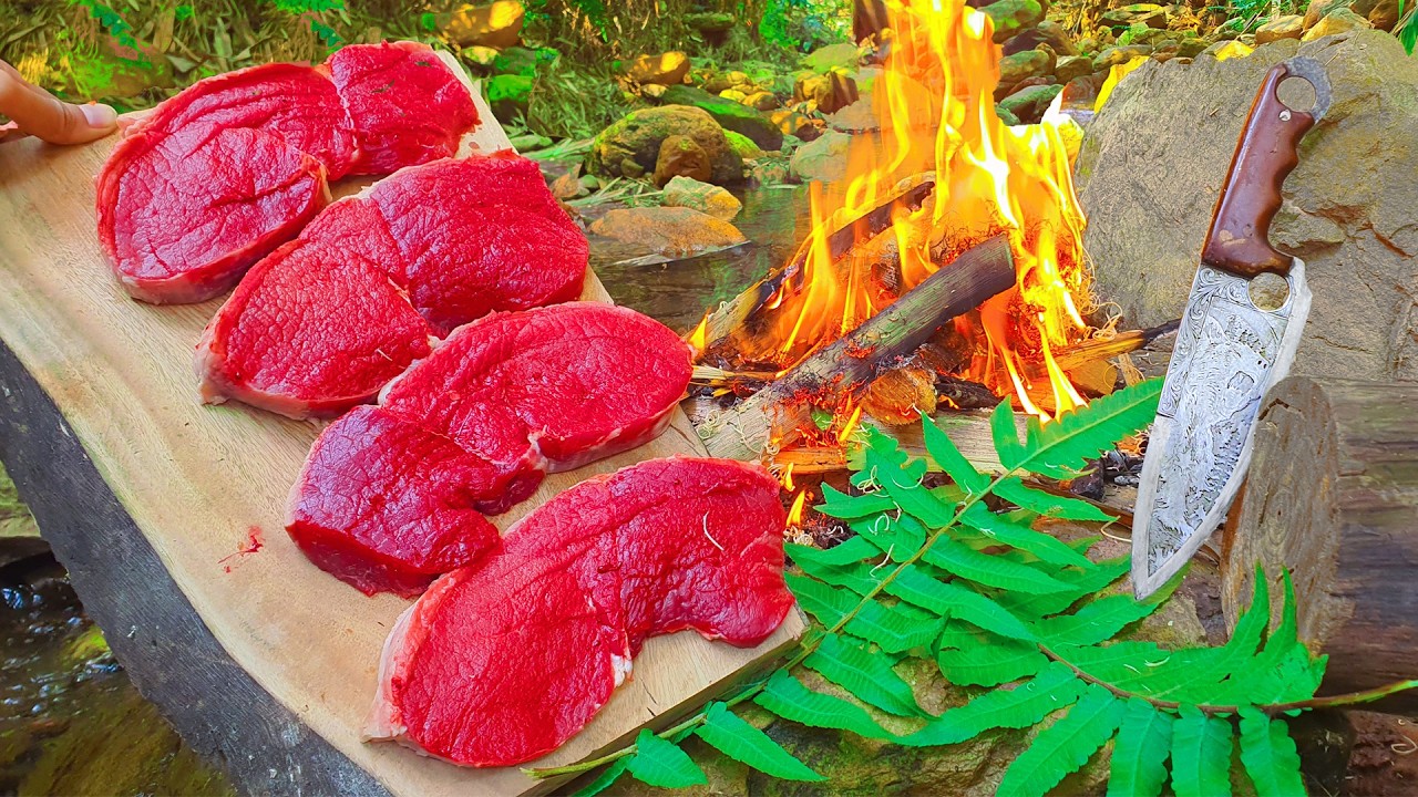 Wild Steak Cooking On Over Stone Fire  & Buttery Potatoes | Bushcraft Fire Feast