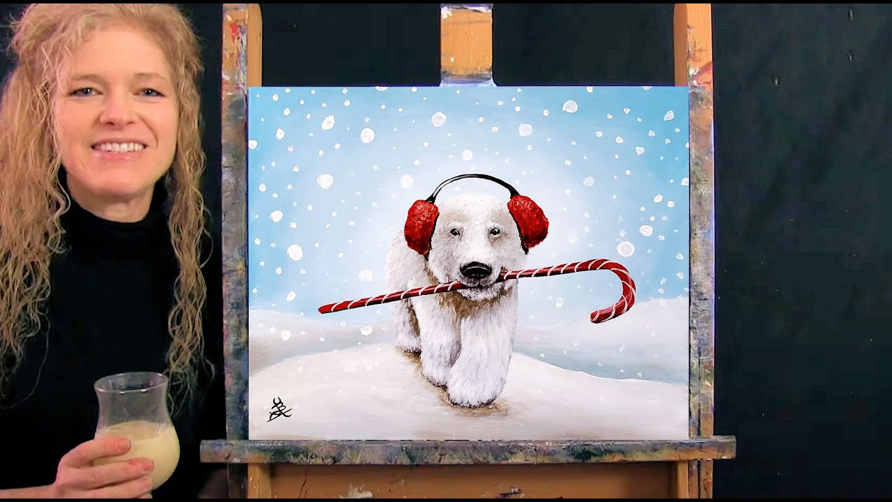 Learn How to Paint CANDY CANE POLAR BEAR with Acrylic - Paint & Sip - Animal Step by Step Tutorial