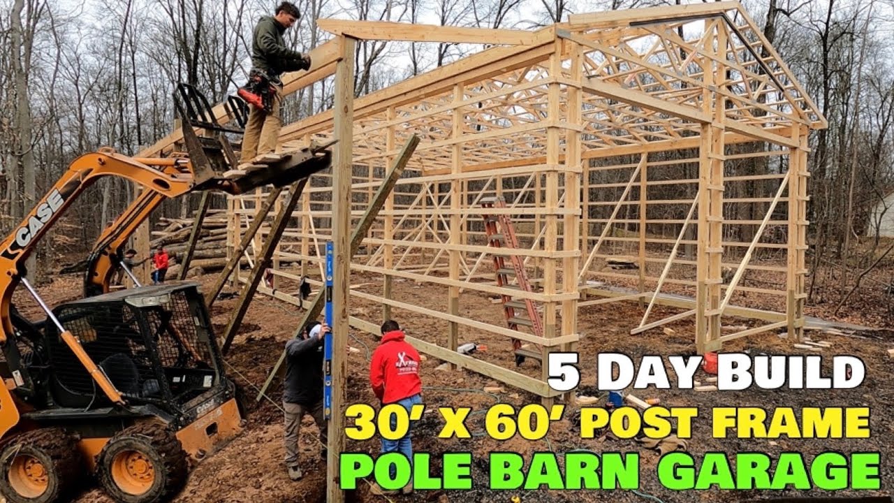 How To Build 30x60 x16' Pole Barn Garage Detached Post Frame Building Construction Time Lapse Amish