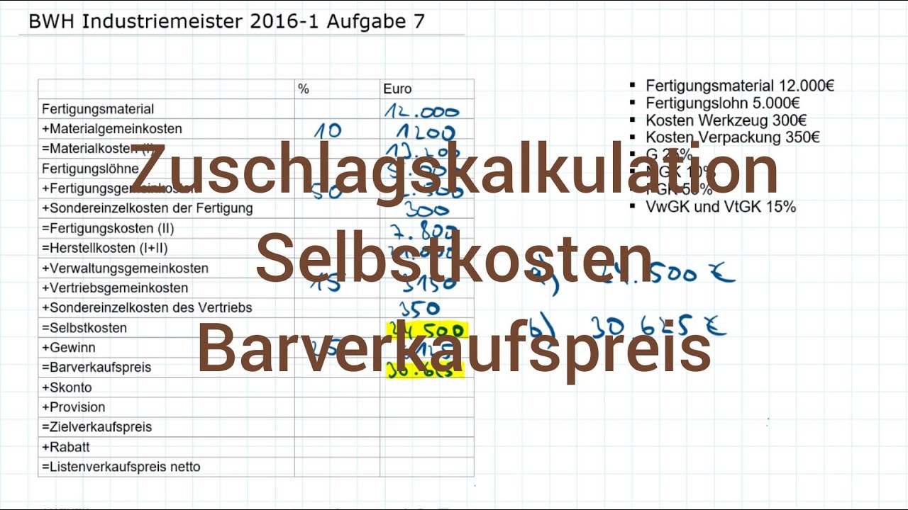 BWH Industriemeister Metall 2016-1 Fr&uuml;hjahr Aufgabe 7 - Zuschlagskalkulation, Selbstkosten