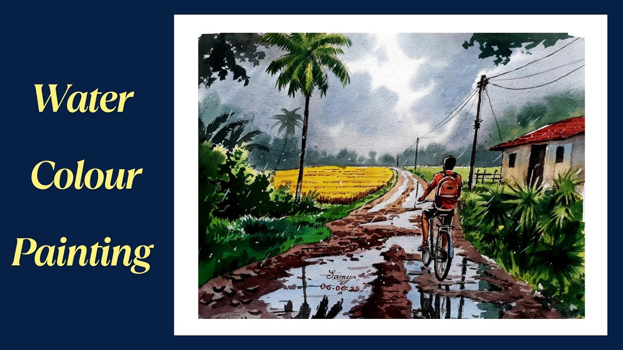 Simple village scenery in rainy season watercolor painting for beginners | Art with Samya-96