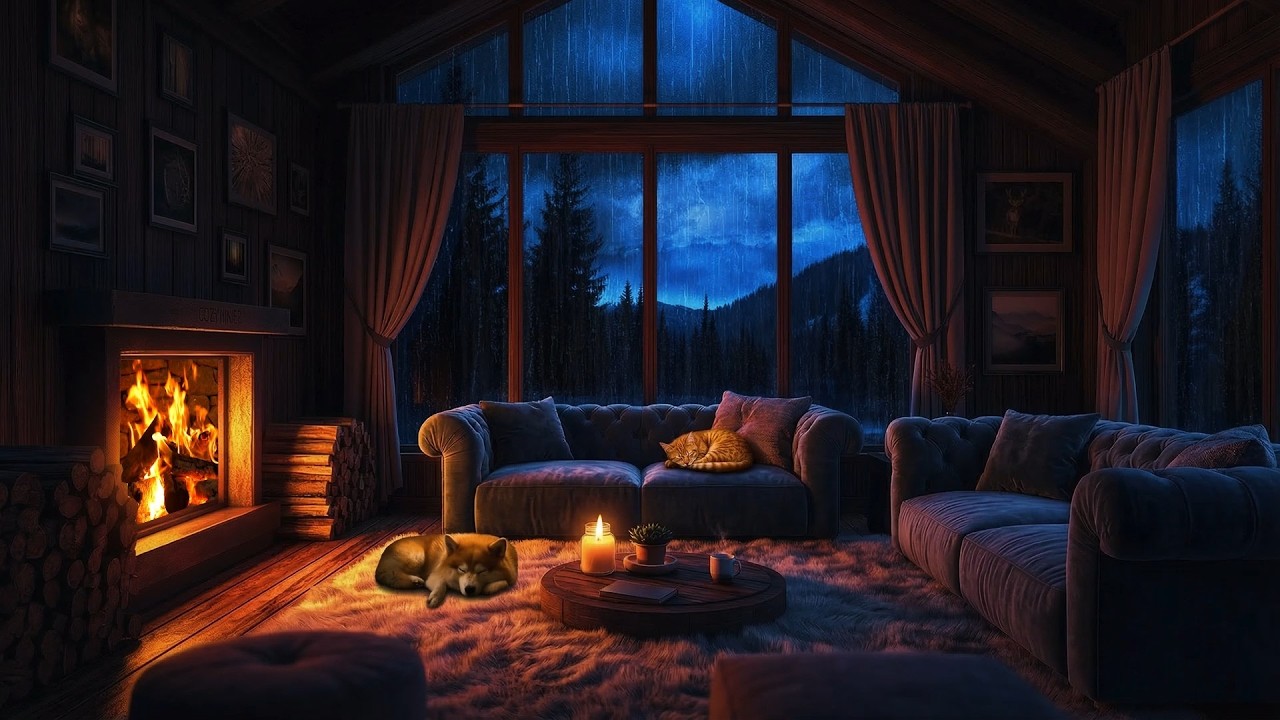 Quiet Rainy Night in a Cozy Cabin 🌧️ Cracking Fireplace, Rain Sounds for Rest and Relax