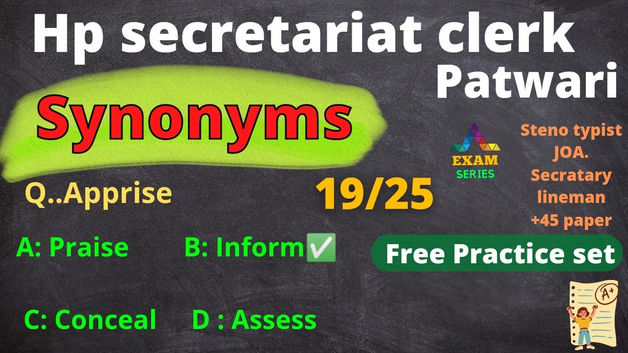 Hp clerk English synonyms mcq  2022 || Mock Test || Hp Patwari exam preparation with Exam Series