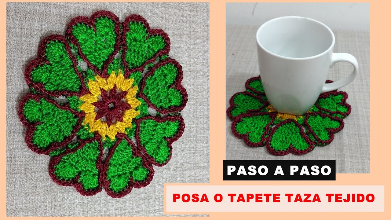 POSA TAZA OCHO CORAZONES TEJIDO EN CROCHET/TAPETE POSA TAZA FÁCIL Y RÁPIDO DE TEJER.