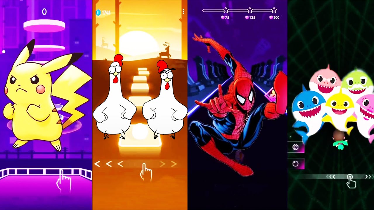 Tiles Hop Mania: Pikachu Vs Chiken Vs Spider man Vs Baby shark