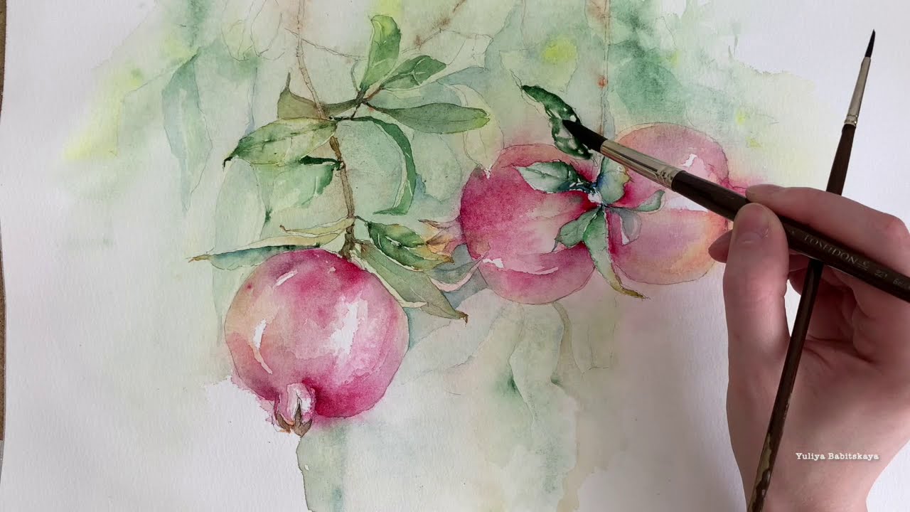 How to Paint Watercolor Fruits Pomegranate.Wet on Wet || Как нарисовать Гранаты Акварелью