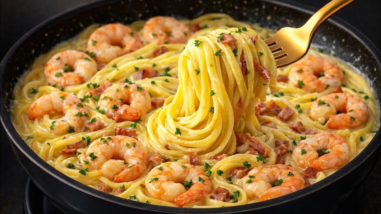 Я никогда не ел такую вкусную пасту с креветками! Невероятно кремовая! 🤯🍤