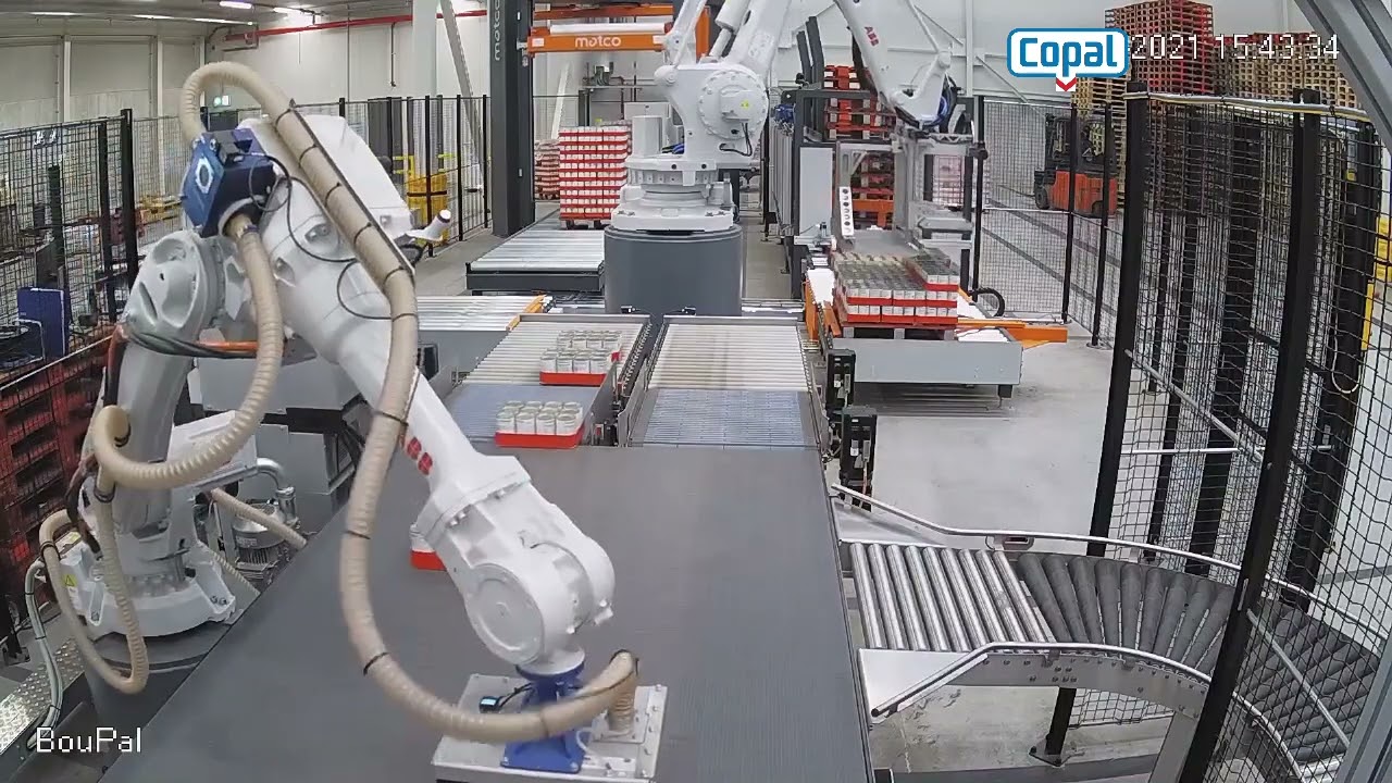 Container unloading palletizing wrapping - Cans on Trays