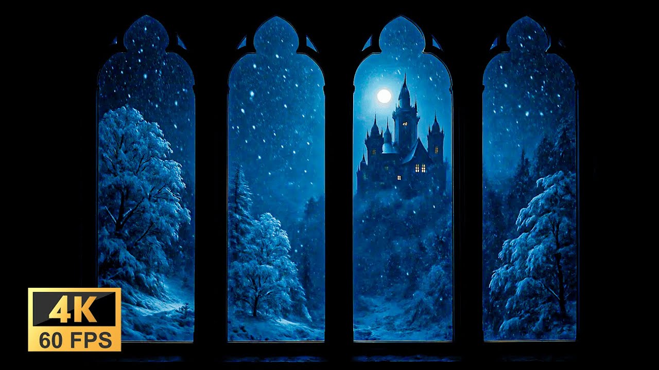 4K Medieval Castle Window View &ndash; Winter Night Ambience for Focus & Calm