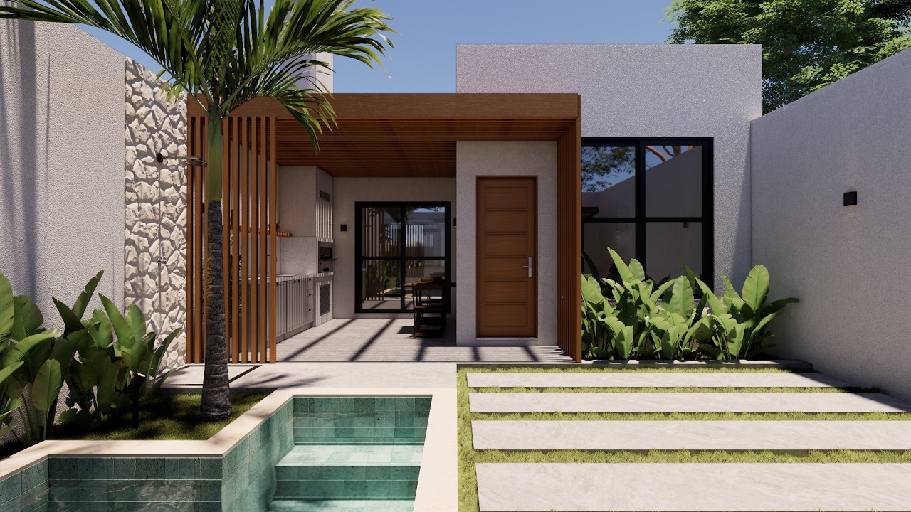 PROJETO DE CASA PEQUENA E MODERNA | 2 QUARTOS SENDO 1 SUÍTE COM CLOSET | PISCINA E ÁREA GOURMET
