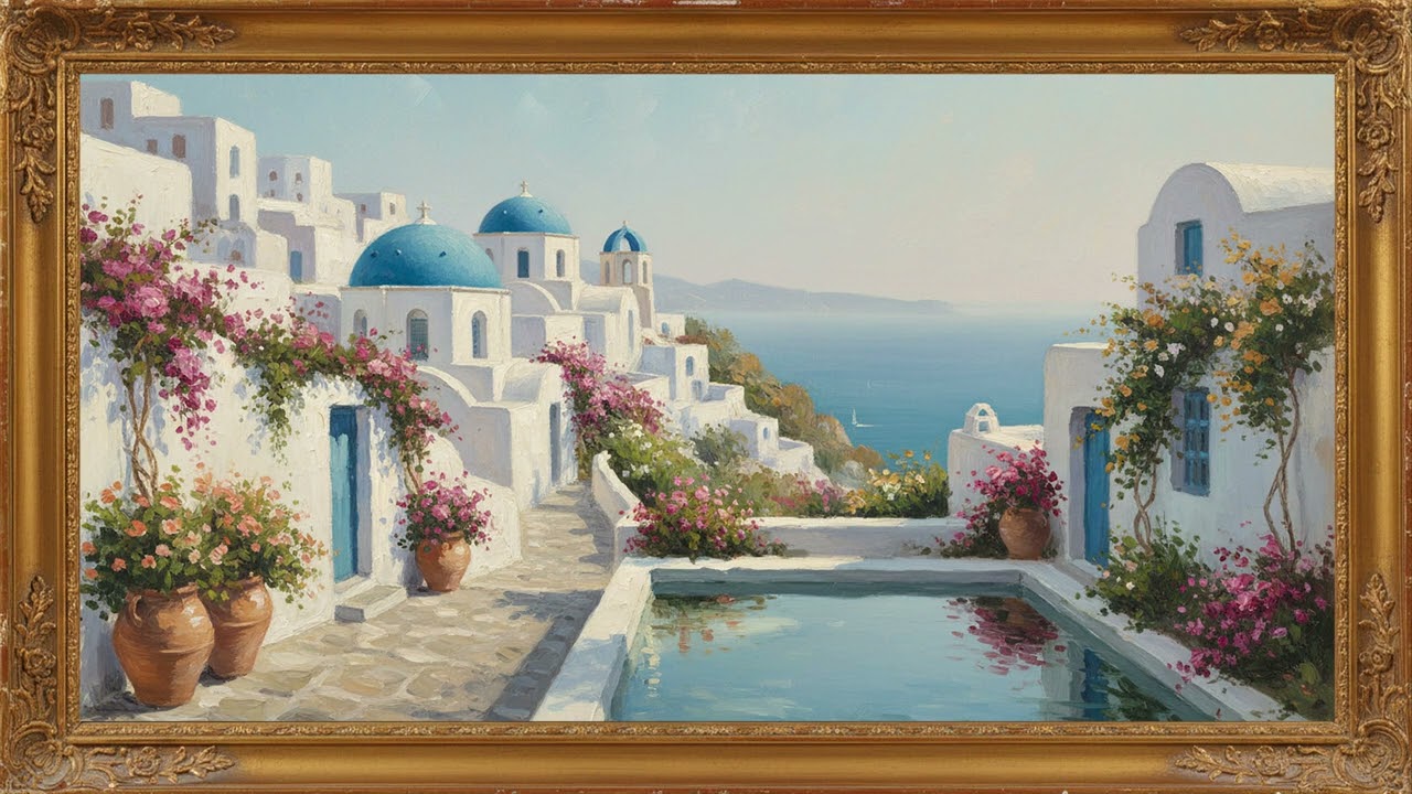 Santorini Dream Village 🏖️ | Blue Domes, Cats & Oia Views | Vintage Frame TV Art with Relaxing Music