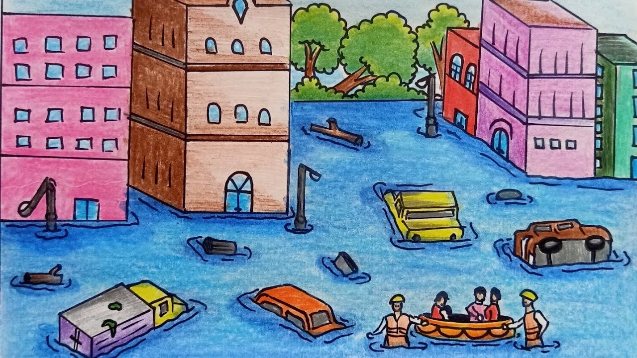 City Flood Drawing | Flood Awareness Drawing | Timelapse Drawing Video | Color Pencil