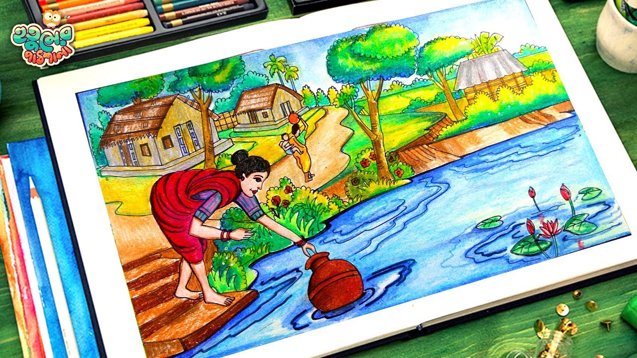 Village drawing | Village Scenery Drawing | Village women collect water from pond
