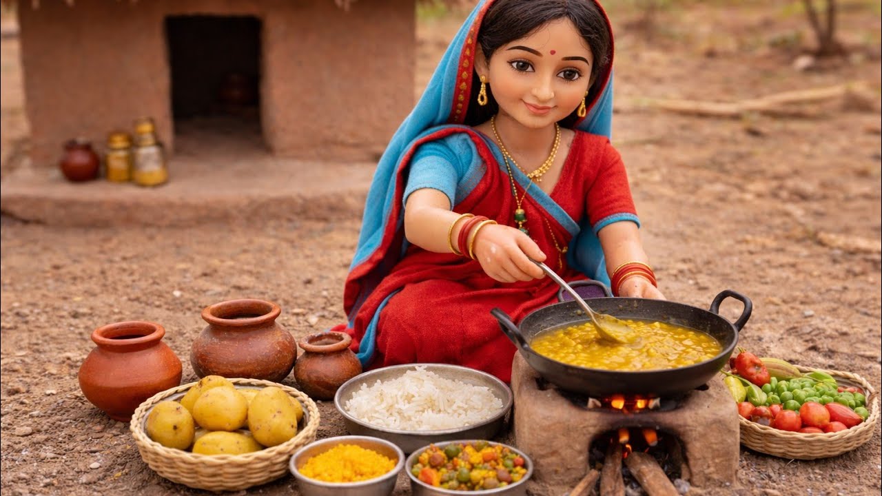 Miniature doll cooking daal Chawal aalo matar ASMR // Village style mini kitchen//