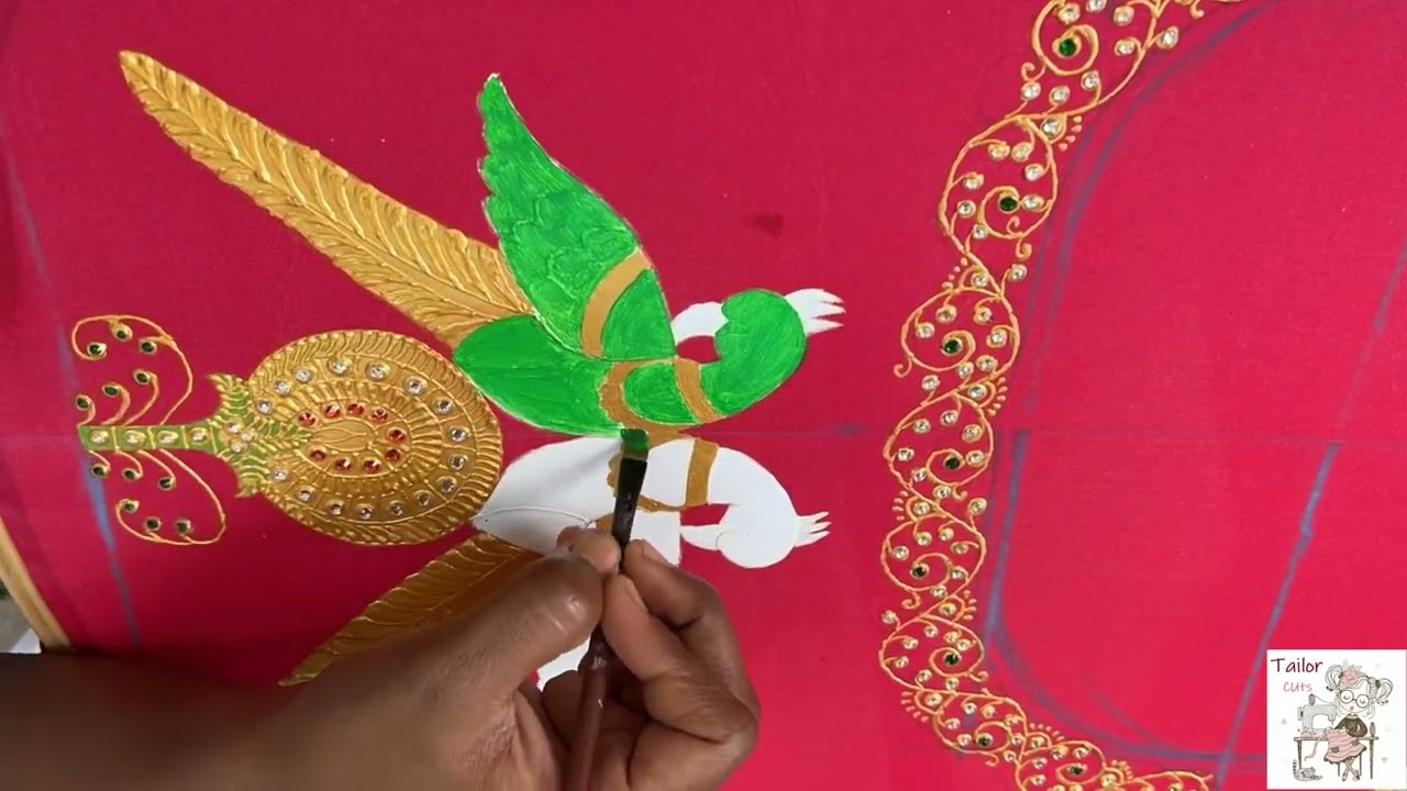Tanjore style Fabric Painting neck design | parrot Tanjore Painting | Fabric painting designs