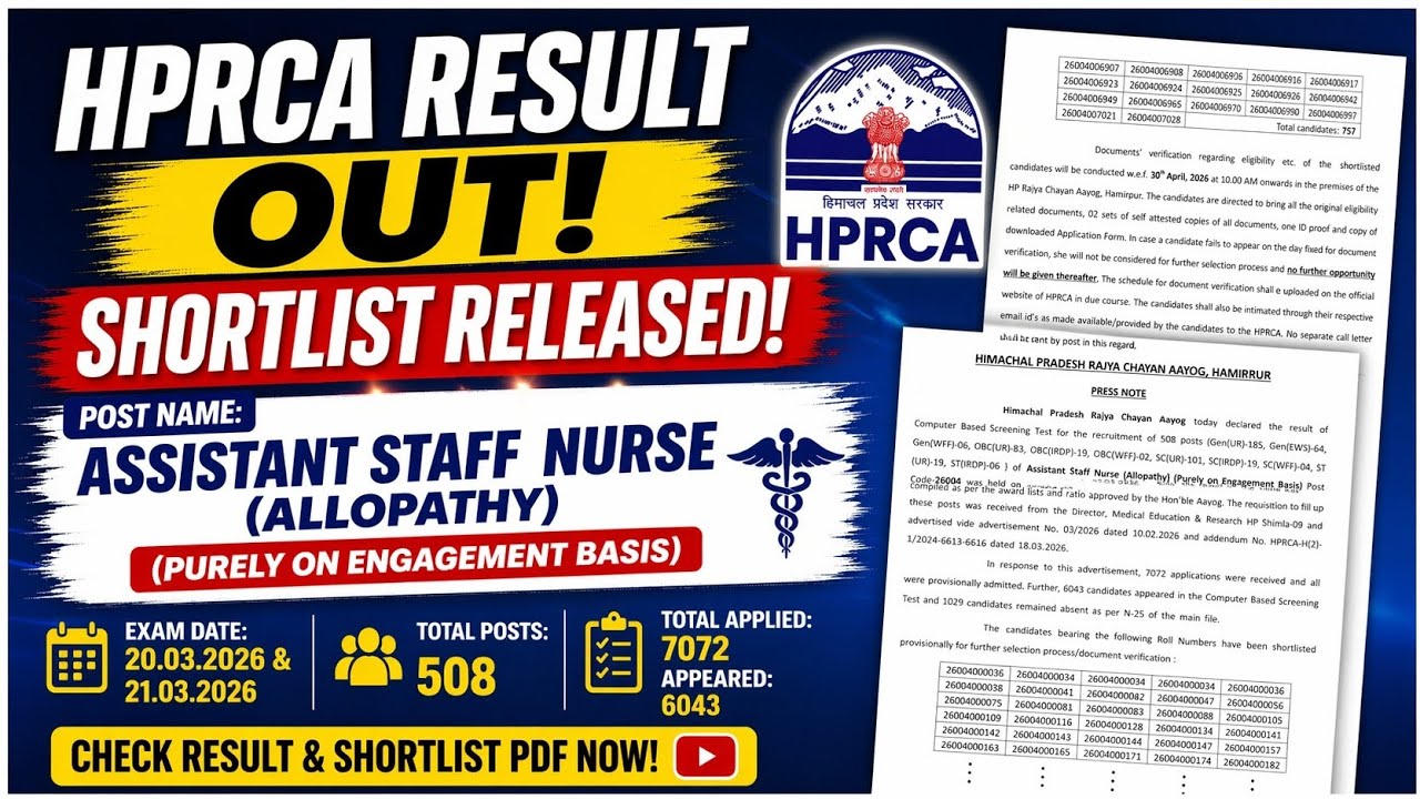 HPRCA Result 2026 Out | Assistant Staff Nurse Screening Result Out| Documents required 757 Candidate