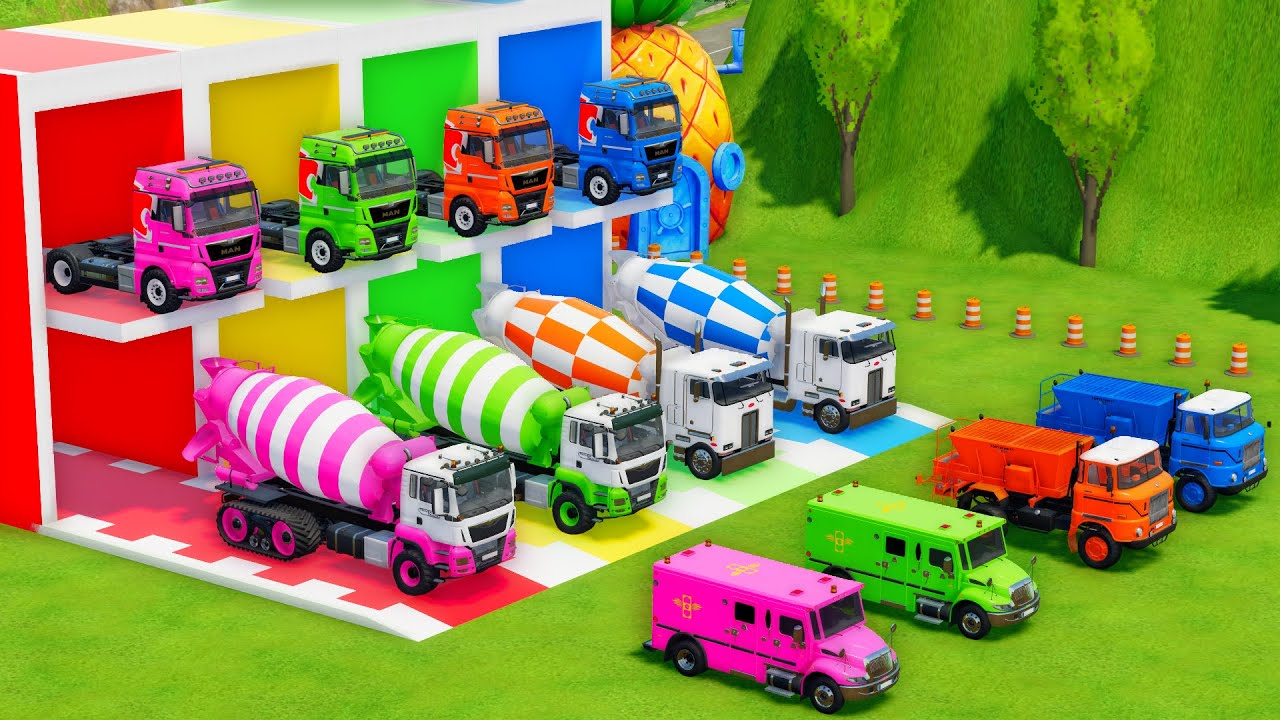Garage with Colors - ALL MIXER TRUCK WITH DOUBLE FLATBED TRAILER TRUCK, MAN, PETERBILT, MACK, IFA