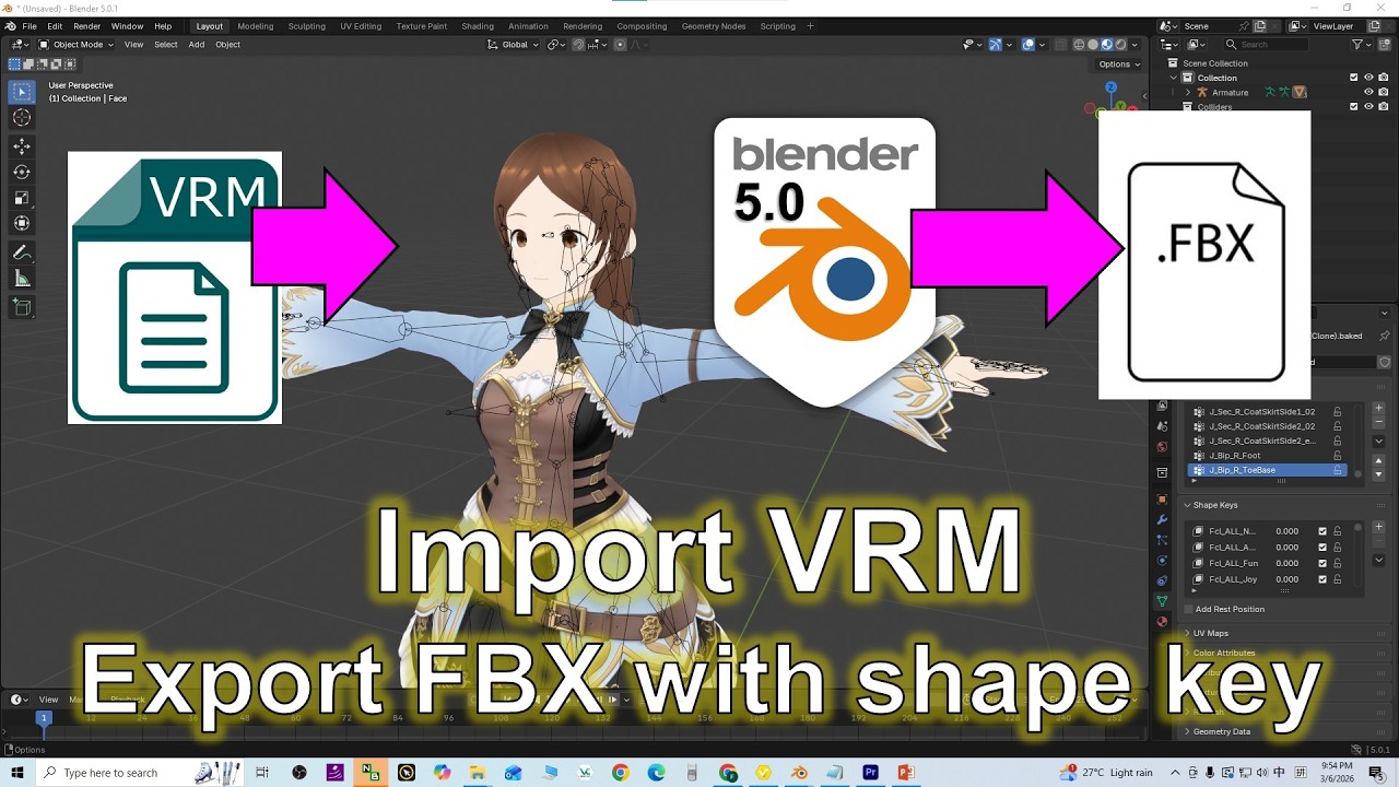 Импорт VRM и экспорт FBX в Blender 5.0 с ключами форм и скелетом | Полный урок #blender #vrm #fbx