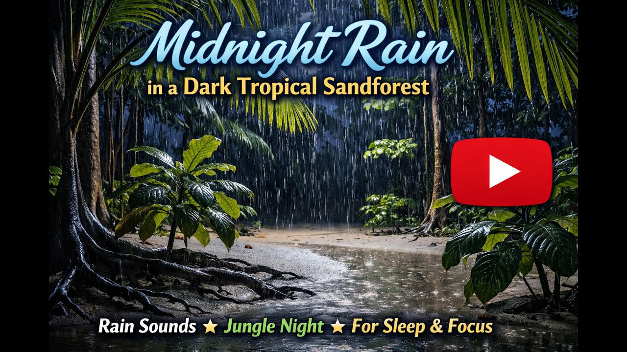 1 Hours of Dark Tropical Sandforest Rain Ambience at Midnight for Deep Sleep and Calm Focus