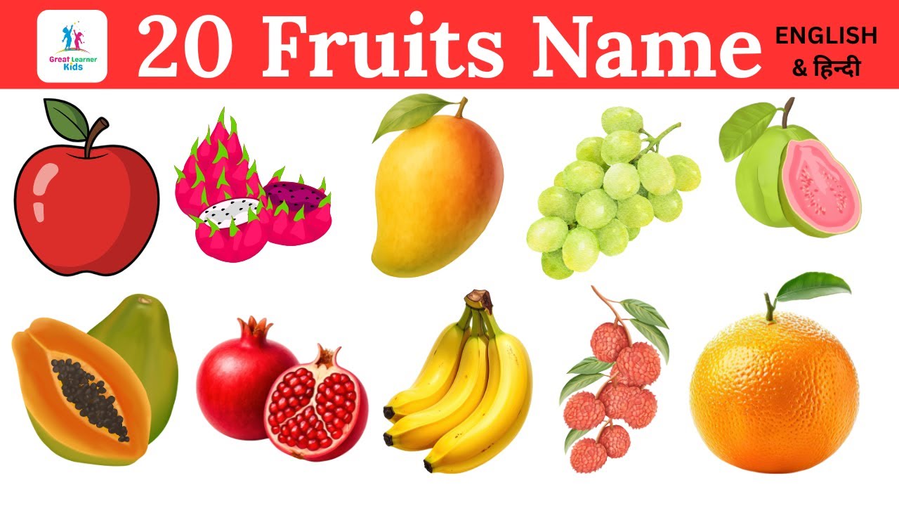  20 Fruits 🍑 Name In English and Hindi | 20 फलों के नाम | Name of Fruits | Phalon ke Naam