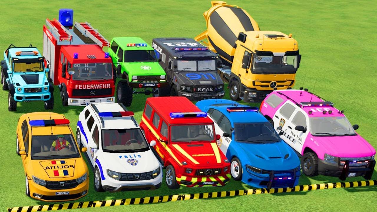 TRANSPORTING POLICE CARS, AMBULANCE, FIRE TRUCK, COLORFUL CARS WITH TRUCK -FARMING SIMULATOR 22!