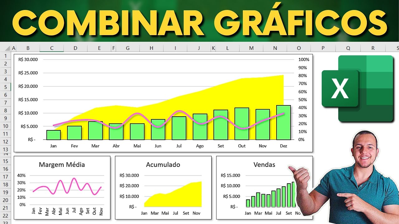 Como Combinar e Juntar Gráficos no Excel | Como fazer Gráfico de Combinação Coluna Linha Área