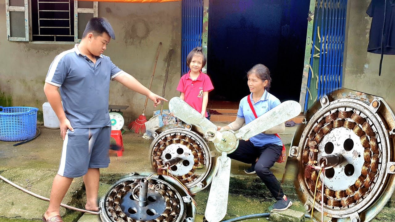 Repair and restore ceiling fan - electrified, not working.Single mother and child.Sương thảo nguyên