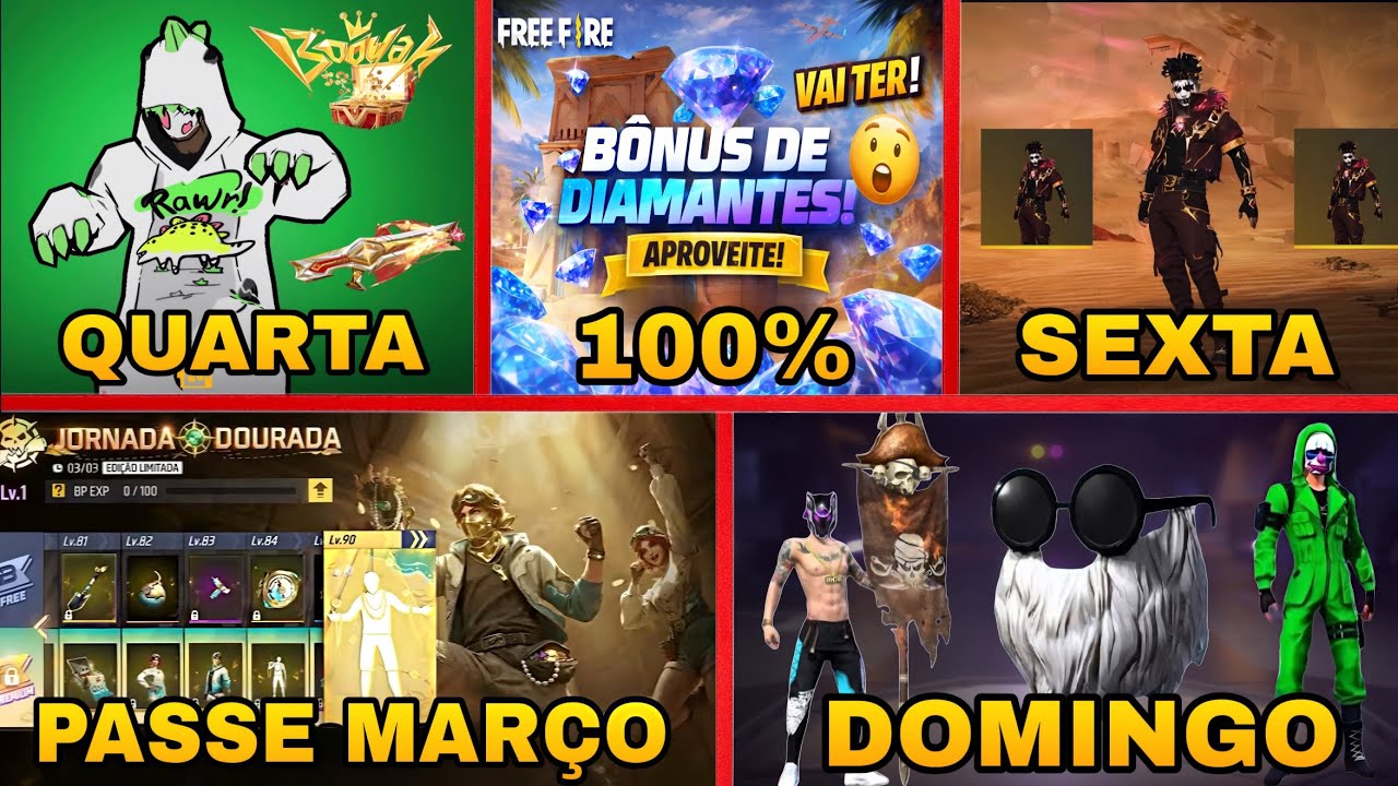 NOVO CALENDÁRIO SEMANAL FREE FIRE - BÔNUS DE DIAMANTES, BARBINHA, TOP CRIMINAL, NOVOS EVENTOS E MAIS