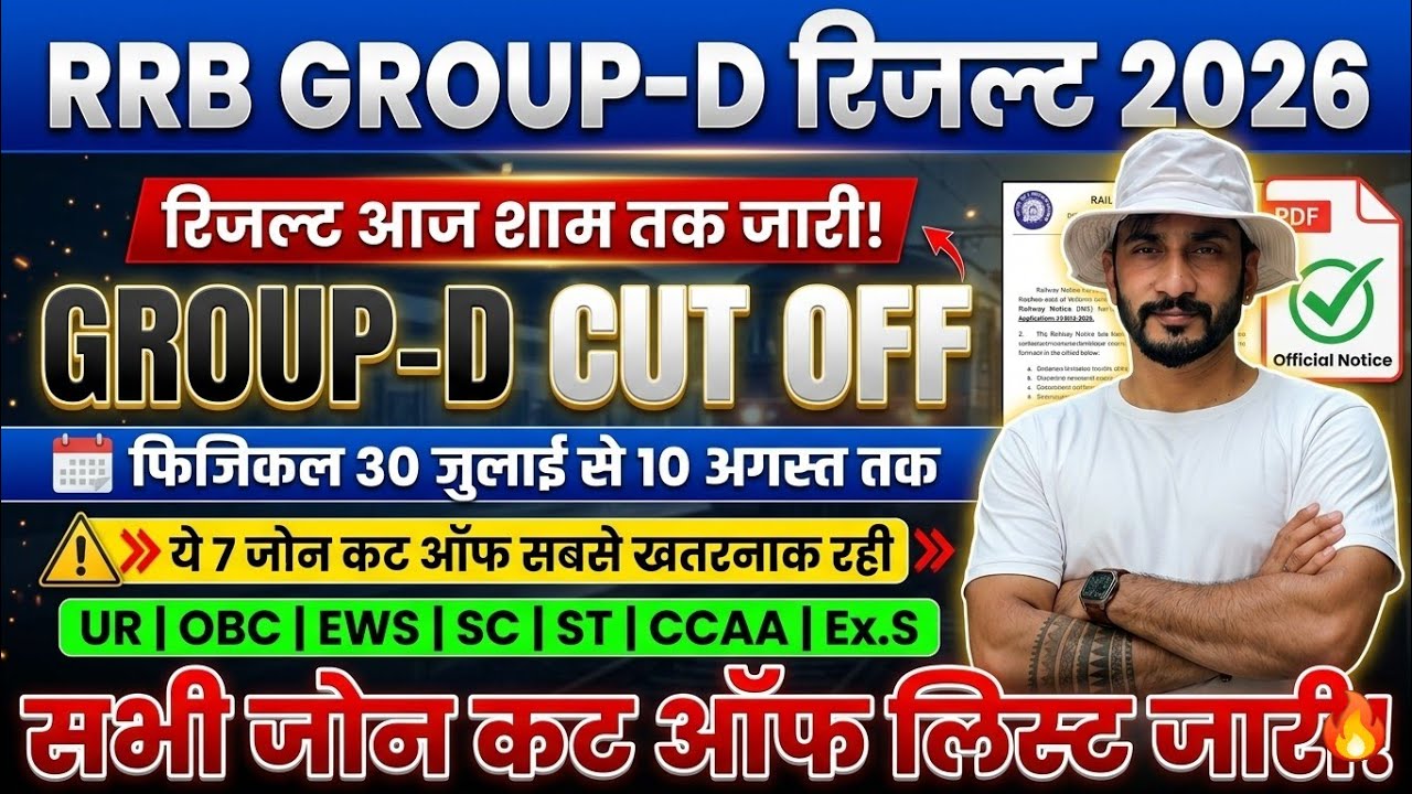 RRB Group D Result 2026: रिजल्ट आज शाम तक जारी! सभी ज़ोन की कट-ऑफ लिस्ट देखें