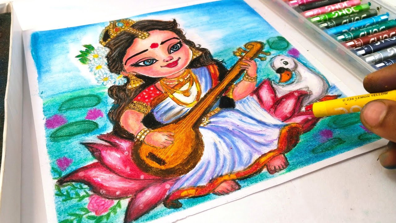 Basant Panchami Drawing, Goddess Saraswati Oil Pastels Drawing, Cute Saraswati ji ki easy drawing