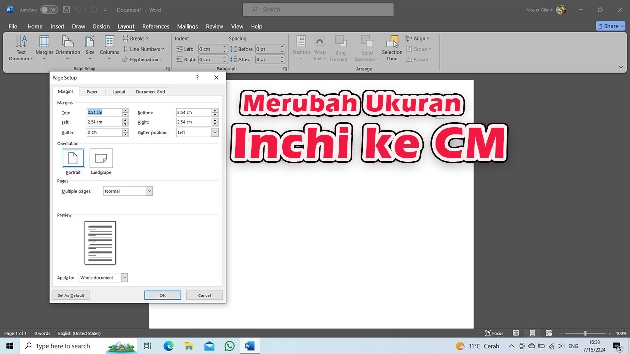 Cara Merubauh Satuan Inchi ke Centimeter di Microsoft Word