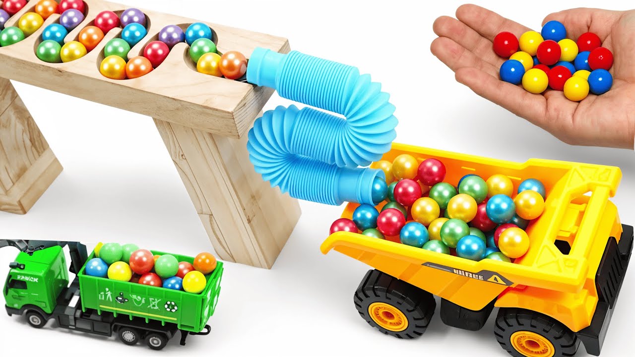 Marble Run Race ☆ HABA Slope & Retro Makita Truck, Excavator, Garbage Truck, Dump Truck, Ambulances