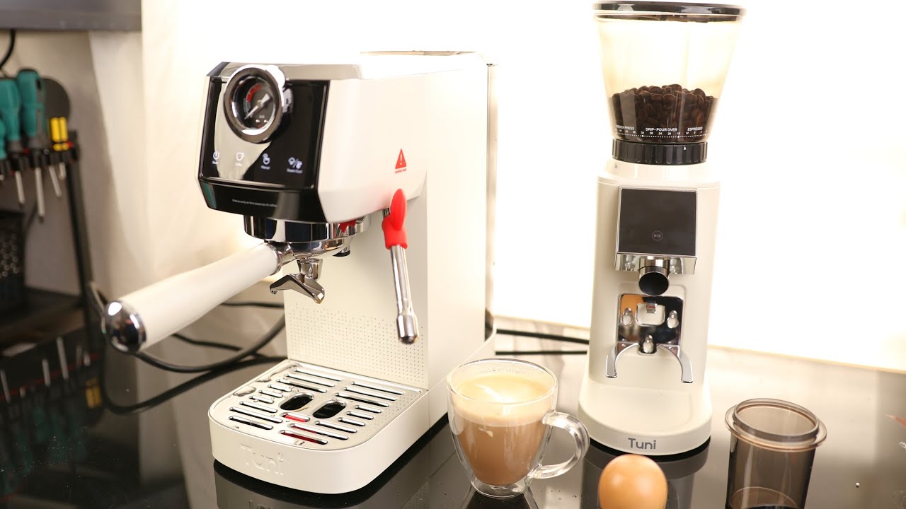Tuni E2 58mm Espresso Machine and G1 Ivory Conical Burr Coffee Grinder Combo, 20Bar Dual Boiler