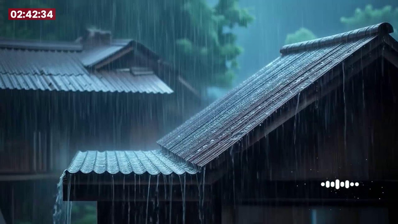 Goodbye Stress to Sleep Instantly with Heavy Rain & Thunder on Old Metal Roof in Rainforest at Night