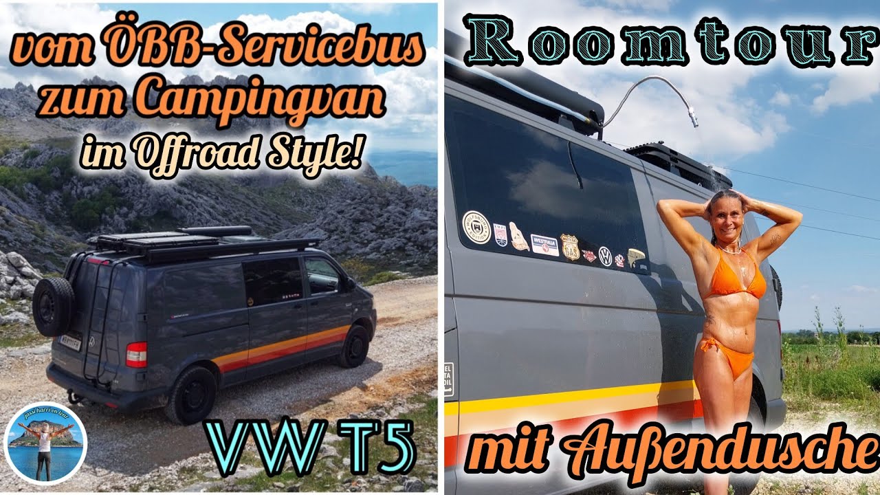 ROOMTOUR VW T5 Camper im OFFROAD Style und AUSSENDUSCHE, Selbstausbau mit HECKAUSZUG, DIY Camper T5