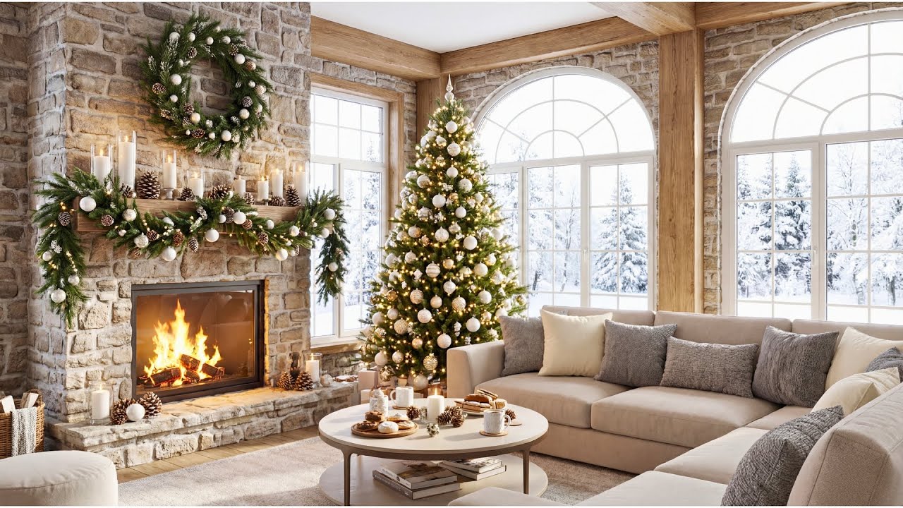 Cozy Cabin in the Winter Ambience ❄️ Snowfall, Fireplace & Smooth Jazz for Deep Focus