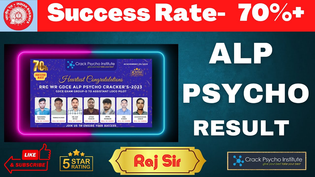 RRC WR GDCE ALP Online Course Success Rate-70% I Achievement of Raj Sir -Crack Psycho Institute