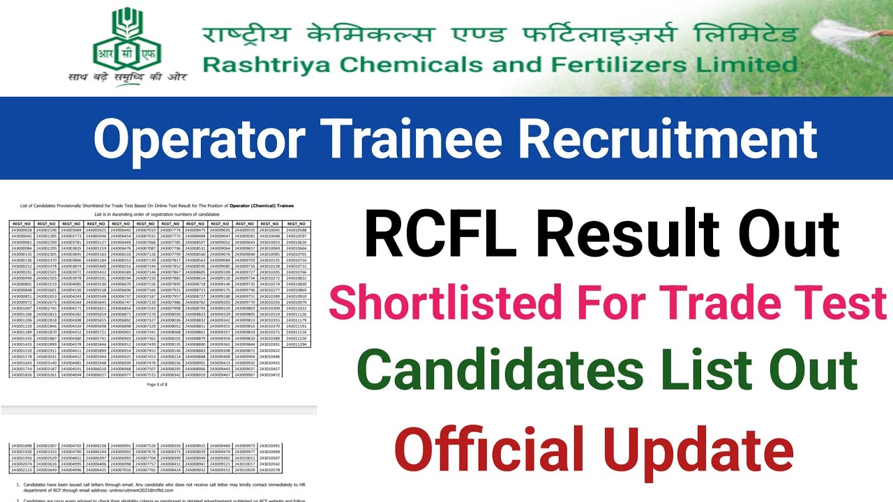 RCFL Result Out||Shortlisted for Trade Test ||RCFL Recruitment 2022||RCFL Diploma Result 2023