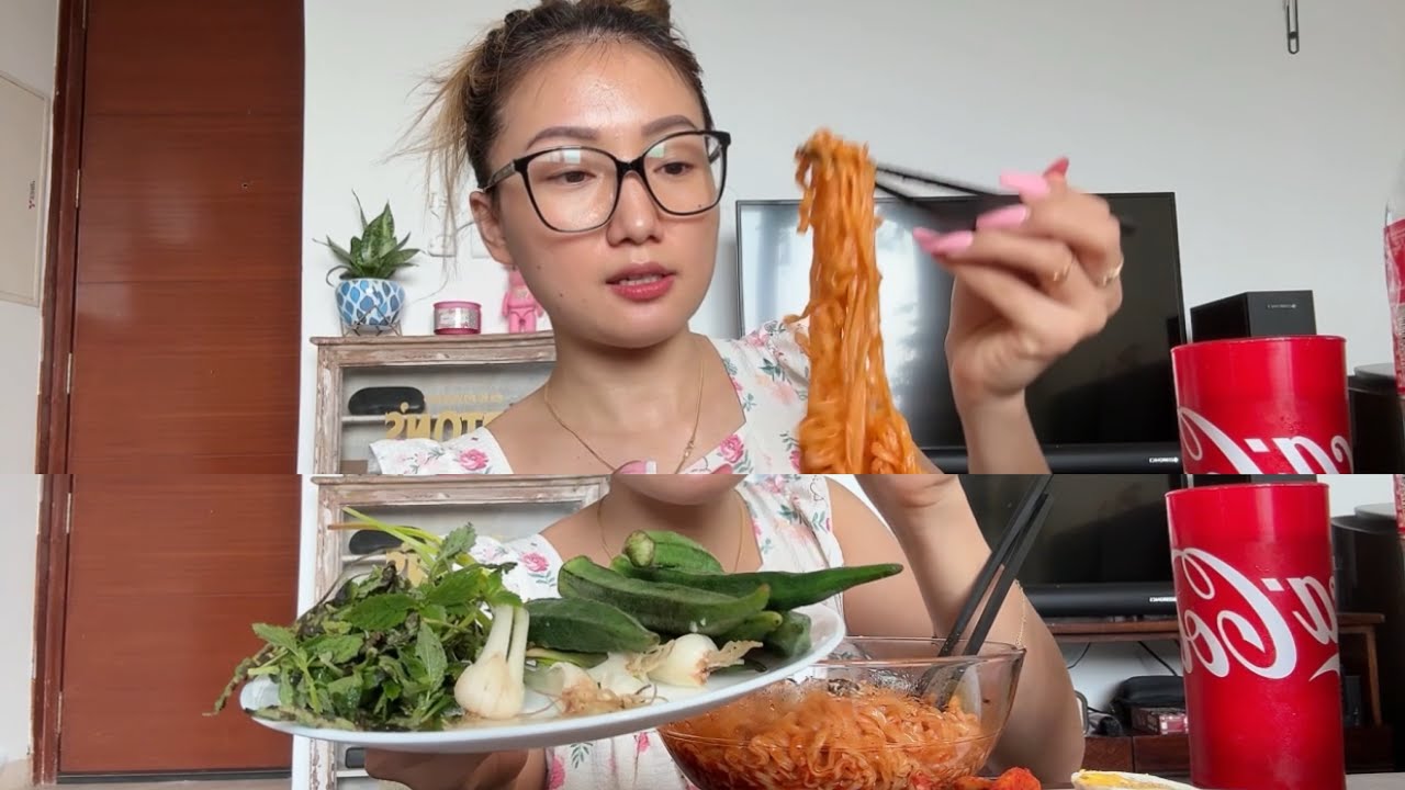 Употребляем 2 порции острой лапши с местными зелёными овощами | NAGA MUKBANG | Puapua Pame