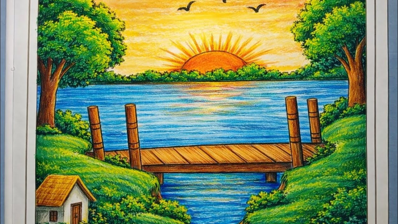 beautiful village drawing with river || easy drawing 