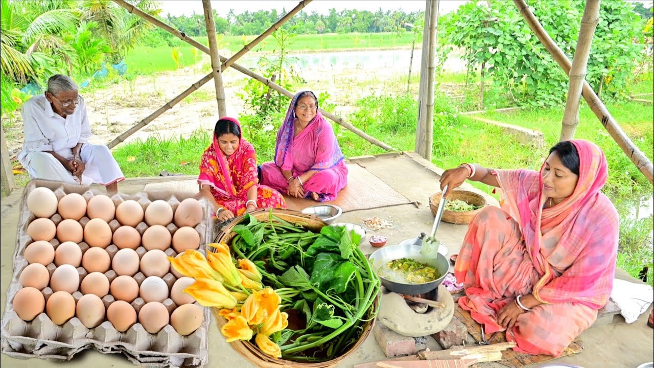 মাটির চুলায় ডিমের দোপেঁয়াজা,লাউশাকের ঘন্ট আর কুমড়ো ফুলের ভর্তা রান্না সাথে জমজমাট খাওয়া দাওয়া