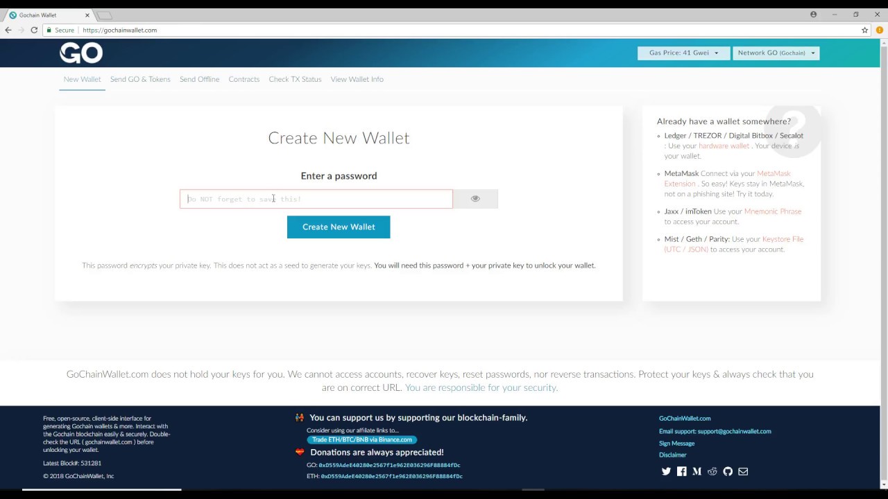 Gochain Wallet, Create New Wallet