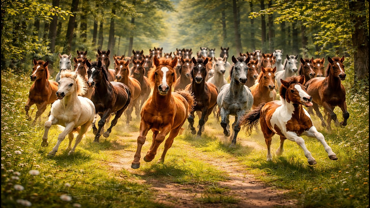 🐎🌈 Vibrant Horses Galloping Wild in a Deep Green Forest &ndash; Relaxing Horse Sounds
