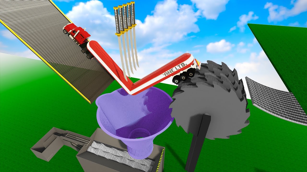 Cars Fall Into The Shredding Factory Through The Funnel And Stairs With A Sword Strike | Teardown