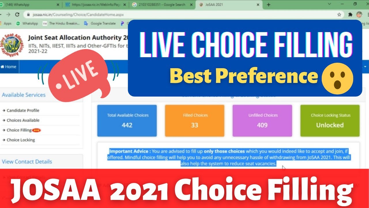 JOSAA Counselling 2021 Best Choice Filling Order at your rank || JOSAA  2021 Choice Filling Live 🤩