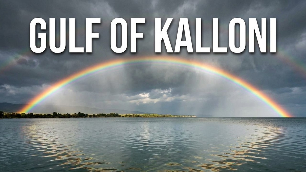 Rare Amazing Footage With Rainbow & Cloudy Sky Over Gulf of Kalloni, Lesvos island, Greece 