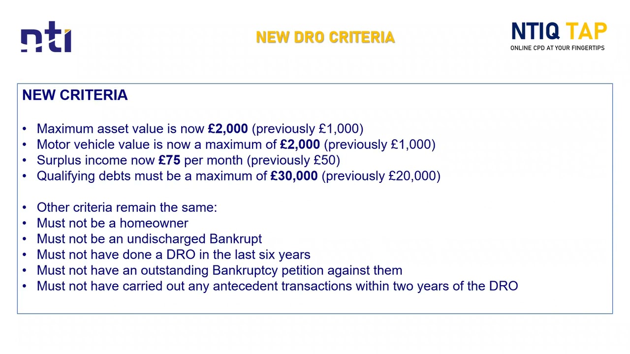 NTIQ TAP 29  DRO Criteria Changes