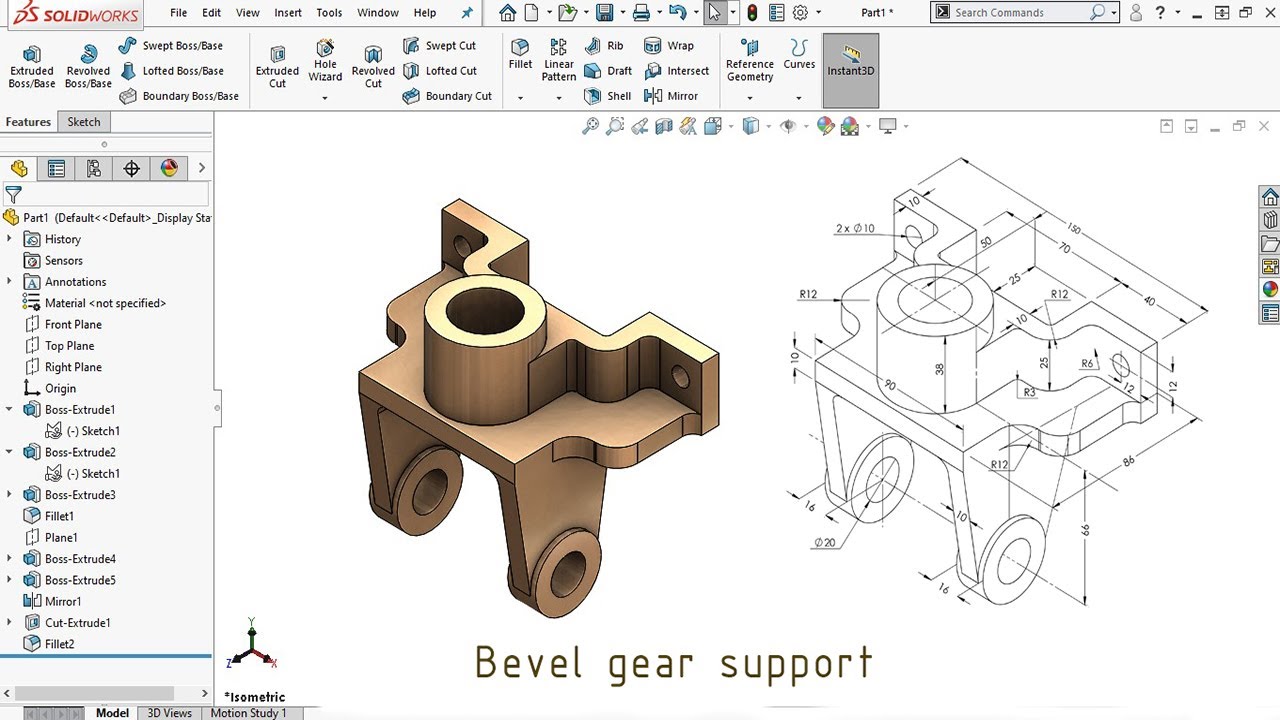 Учебное пособие по Solidworks: Упражнение № 55 (Опора конической зубчатой ​​передачи)