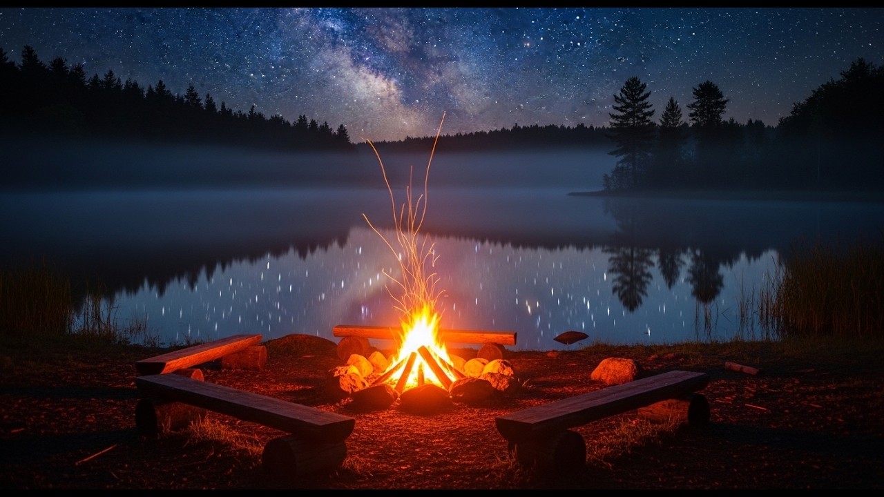 Midnight Campfire Reverie | Lakeside Flames, Starry Sky & Deep Sleep Piano Ambience for Calm